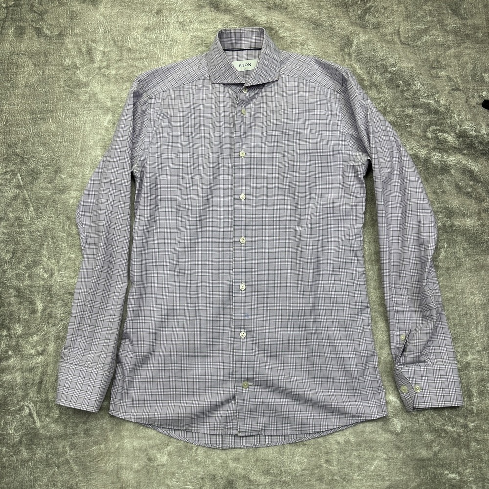 Eton Shirt Mens 15 Slim Purple Plaid Long Sleeve Button Up Cotton Twill Dress